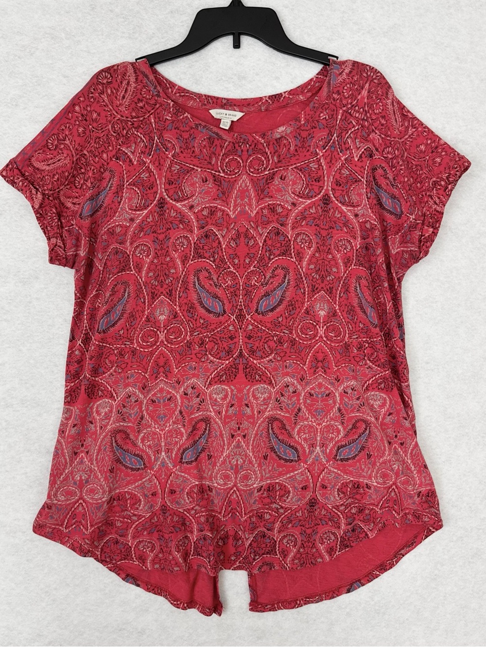 Lucky Brand Red Paisley T Shirt Womens 1X Short Sleeves Boho Casual Tunic Top